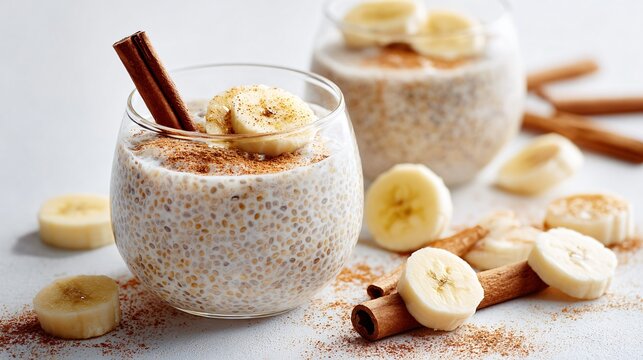 Banana cinnamon chia pudding, light marble surface, scattered banana coins and cinnamon sticks, high key light, airy copy space