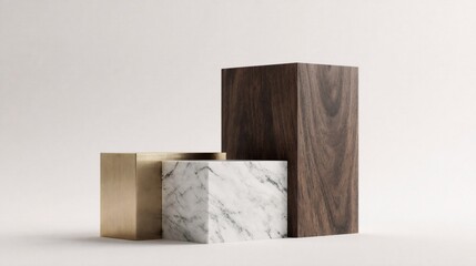 Minimalist display pedestals with natural material textures on white background