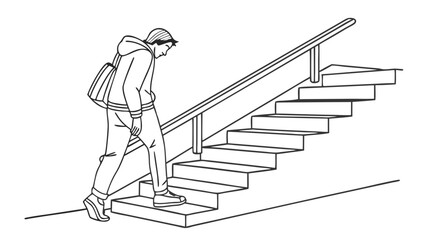 A Person Ascending Stairs with a Bag Simple Line Art Illustration