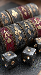 Luxurious Black Playing Cards with Golden Aces and Dice &ndash; Premium Casino Aesthetic in Cinematic Lighting