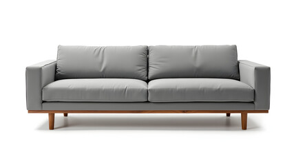 A modern grey fabric sofa with wooden legs, isolated on a white background, perfect for catalog or product listing.