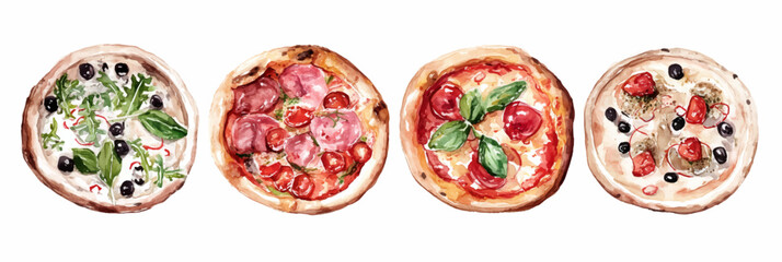 Vector illustration, set of Italian pizza, watercolor painting, banner