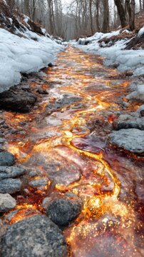 Inferno River: A Surreal Blend of Liquid Fire and Ice in Impossible Natural Wonder