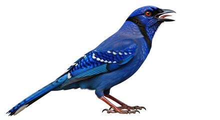 Isolated Steller's Jay calling out with open beak in bright light showing colorful feathers