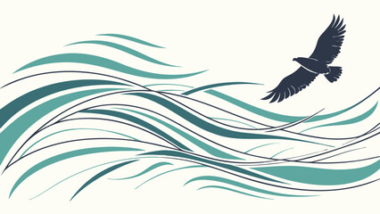 Fototapeta premium Silhouette of an Eagle Soaring Above Stylized Ocean Waves in Flight