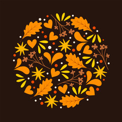 Flat vector illustration of various autumn-themed elements isolated on a dark brown background in circle shape. The design includes oak leaves, stars, hearts, plant branches, etc.