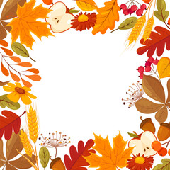 Illustration of a square frame made of autumn elements, including leaves in various shades of orange, red, and brown, apples, acorns, flowers, and wheat stalks isolated on a white background.