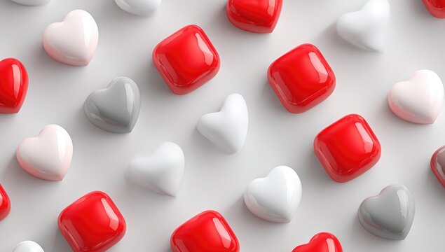 A geometric arrangement of glossy red, white, and grey shapes in a heart and square pattern. - Powered by Adobe