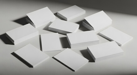 Multiple stacks of blank white business cards arranged on a light gray surface, perfect for mockup or branding presentations.