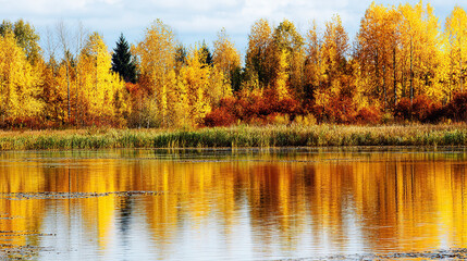 Fototapeta premium Autumn Lake Reflection with Colorful Trees