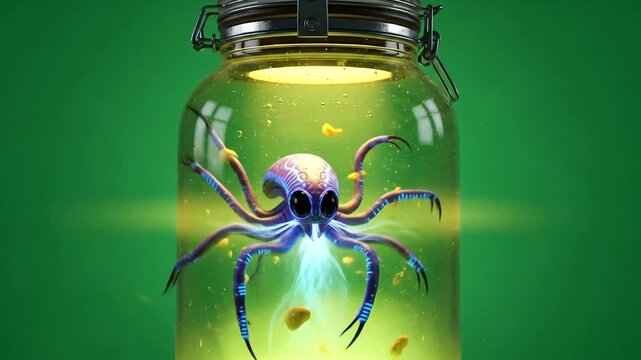A vibrant, otherworldly cephalopod is showcased within a glass jar, illuminated by an inner light source.