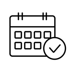 Minimalist line art illustration of a calendar icon with a checkmark isolated on a white background. Vector illustration representing schedule, planning, tasks, organization, productivity, etc