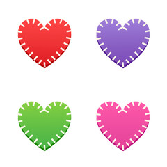 Illustration of four hearts in different gradient colors red, purple, green and pink isolated on white background. Each heart has a stitched border effect. 