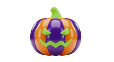 A spooky Halloween jack-o'-lantern with purple and orange vertical stripes and a scary green face on a white background.