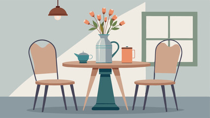 A dining area with a wooden trestle table metal cafe chairs and a vintage milk jug used as a vase for fresh flowers.