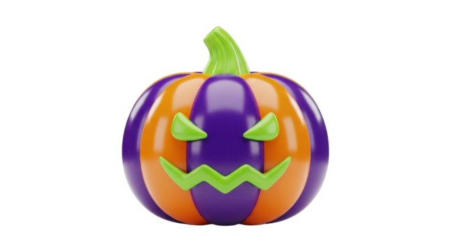 A spooky Halloween jack-o'-lantern with purple and orange vertical stripes and a scary green face on a white background.