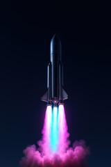 Obraz premium Rocket Ascent into the Cosmos: A futuristic rocket blasts off against a dark, star-studded sky, its engines igniting a vibrant trail of colors, symbolizing ambition and the pursuit of innovation.