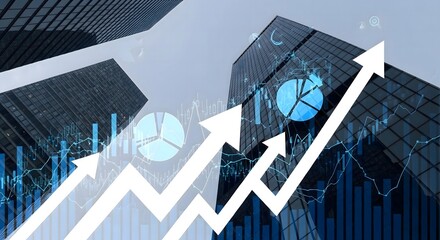 Upward trend arrows overlaying modern buildings with financial charts and data visualization elements