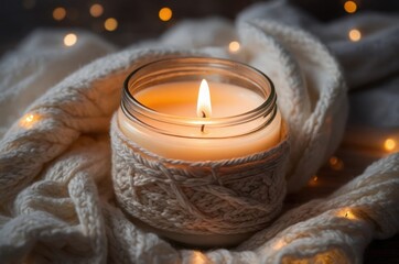 burning candles and christmas decorations. A lit candle sits in a glass jar decorated with a knitted beige cover, evoking warmth.