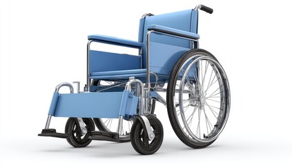 Fototapeta premium A light-blue medical wheelchair is presented against a plain white background.