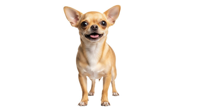Isolated young Chihuahua dog standing alert, looking at camera, headshot studio portrait