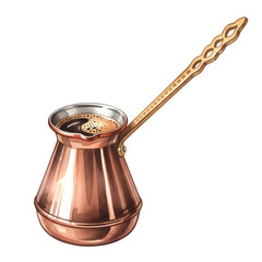 Traditional Copper Turkish Coffee Pot with Long Handle and Coffee.