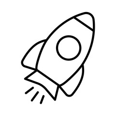 Minimalist line art icon of a rocket ship taking off isolated on a white background. Representing space exploration, innovation, technology, startup, growth, ambition, futuristic concept, etc.
