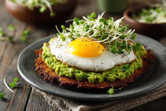 Healthy breakfast with fried egg, mashed avocado, crispy potato pancake, and fresh sprouts
