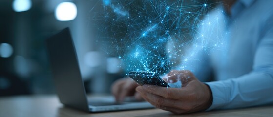 Person using smartphone with digital network connection.