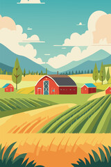 Fototapeta premium rural farmland landscape with village and red house 