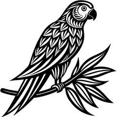 Minimalist stylized black and white parrot perched on a branch with detailed feather and leaf patterns design element vector