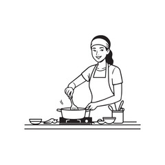 Black and White Vector Illustration of a Smiling Woman Cooking in Kitchen with Apron and Headband