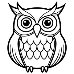 Fototapeta premium Minimalist illustration of a stylized owl with large eyes and patterned chest in black and white outline style vector