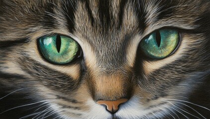 Close-up of the eyes and face of an American Shorthair cat with grey tabby fur, green-yellow color in its pupils, looking directly at the camera.