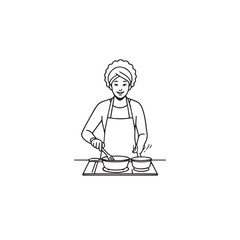 Black and White Vector Illustration of a Smiling Woman Cooking in Kitchen with Apron and Headband