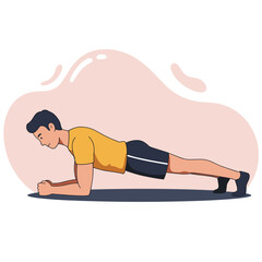Young man performing plank exercise on floor with abstract background  