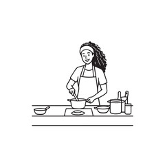 Black and White Vector Illustration of a Smiling Woman Cooking in Kitchen with Apron and Headband