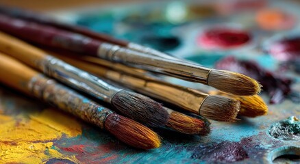 Obraz premium Artistic Paintbrushes Resting on a Colorful Palette, Ready for Painting.