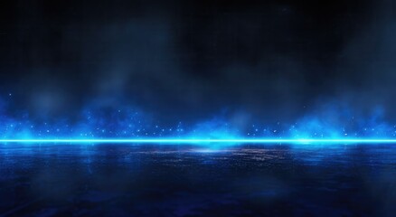 a horizontal line of blue lights illuminating the ground in front, dark background, foggy