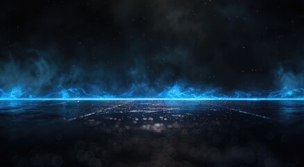 a horizontal line of blue lights illuminating the ground in front, dark background, foggy