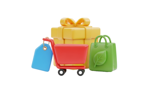 A 3D illustration of a shopping cart, yellow gift box, green eco-bag, and blue price tag.