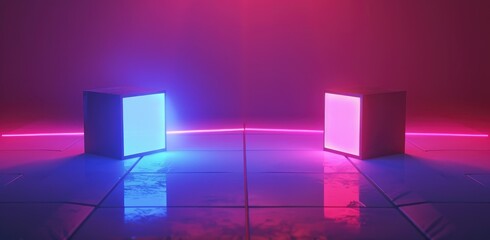 minimalist digital illustration of an abstract sphere with neon lights, creating a vibrant and futuristic background for design projects. 