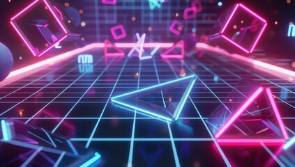 A neon grid background with floating geometric shapes, perfect for an '80s-themed game or music video in the style of the 1980s.