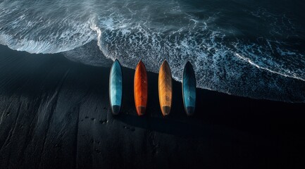 Surfing's Calm before the Ride: A stunning view of colorful surfboards arranged harmoniously near the ocean. The image captures the essence of surfing. 