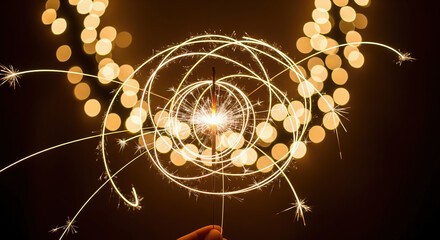 Person holding a festive sparkler creating light trails with a bokeh background. Concept of celebration.