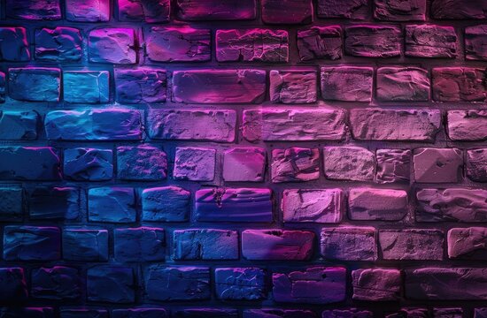 A neon-lit brick wall background with purple and blue lighting, creating an atmospheric effect for product photography.  - Powered by Adobe
