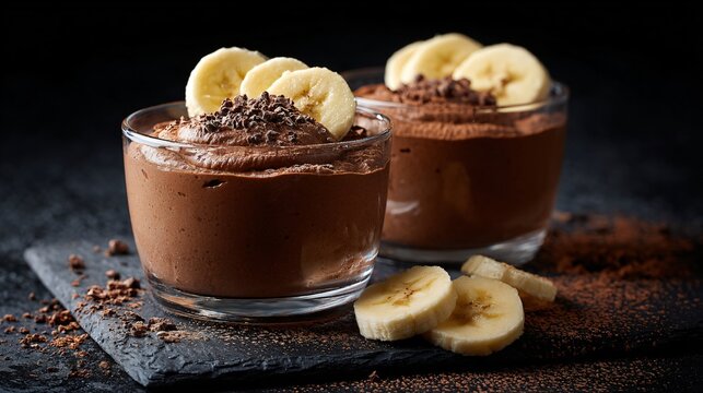 Chocolate banana mousse in glass bowls, black slate background, scattered cocoa powder and banana slices, deep shadows - Powered by Adobe