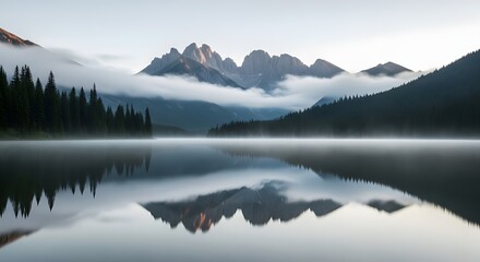 serene mountain lake morning fog reflection