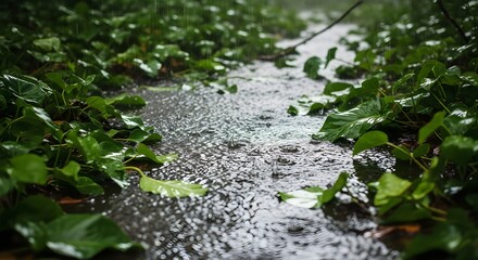 Naklejka premium raindrops splashing on green foliage