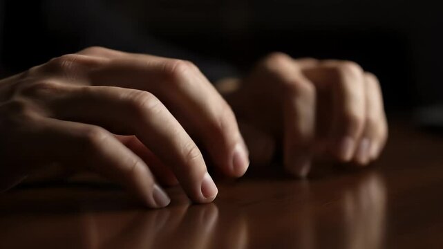 Dramatic close-up of tense hands resting on a wooden table, conveying anxiety or contemplation